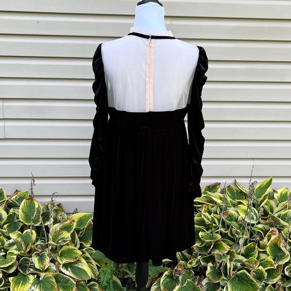 NWT Chelsea & Violet Long Shirred Sleeve Illusion Mesh Ruffle Black Velvet Dress - Picture 8 of 9